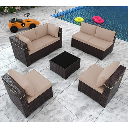 Gotland Patio Furniture Sets 7 Pieces Patio Sectional Outdoor Furniture Patio Sofa Chairs Set All Weather PE Rattan Wicker Couch Conversation Set Sand