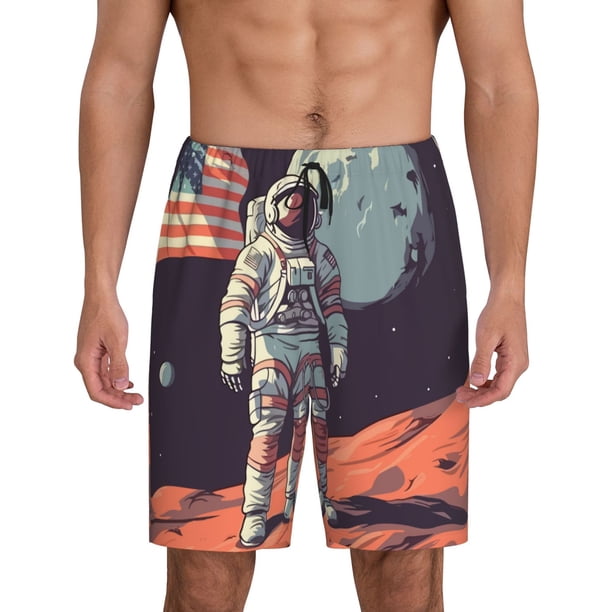 Balery Astronaut With American Flag Pantalones cortos de pijama de punto de algodón para hombre con cinturilla y bolsillos-3X-Large