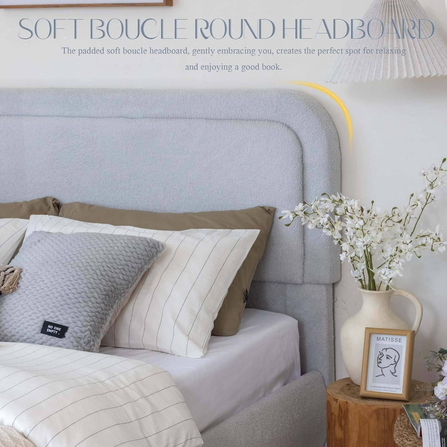 XIAO WEI Bouclé Cloud Queen Bed, Grey, Round Corner Headboard, Solid Wood Legs, Wooden Slats, No Box Spring, Easy Assembly