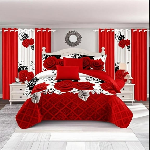 9 pieces Bedspread bedding set with matching curtains,Queen Size ,Red Rose print,Coverlet Quilted Bed Throw , Bedcover,Red and White,Machine Washable,Gift for Wedding Gift and Fastival