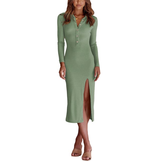 Txlixc Vestido de mujer, cuello de solapa de color sólido, manga larga, botón, adec Txlixc moda