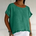 thumbnail image 4 of Danhjin Linen Half Sleeve Shirts For Women Round Neck Solid Color Tops Summer Shirts Ruffle Pleated Hem Casual Comfy Daily Basic Tops, 4 of 8
