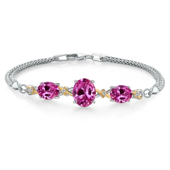 925 Silver and 10K Yellow Gold Pink Created Sapphire and White Lab Grown Diamond Bracelet for Women (6.61 Cttw, Gemstone September Birthstone, Oval 10X8MM and 8X6MM, 6.5/7/7.5 inch, Made in Italy)