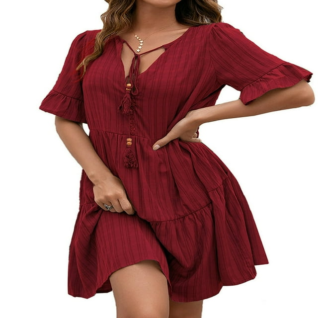 Women Short Sleeve Loose Dress with A-line Version Simple Style Solid Color V-neck Summer Clothing