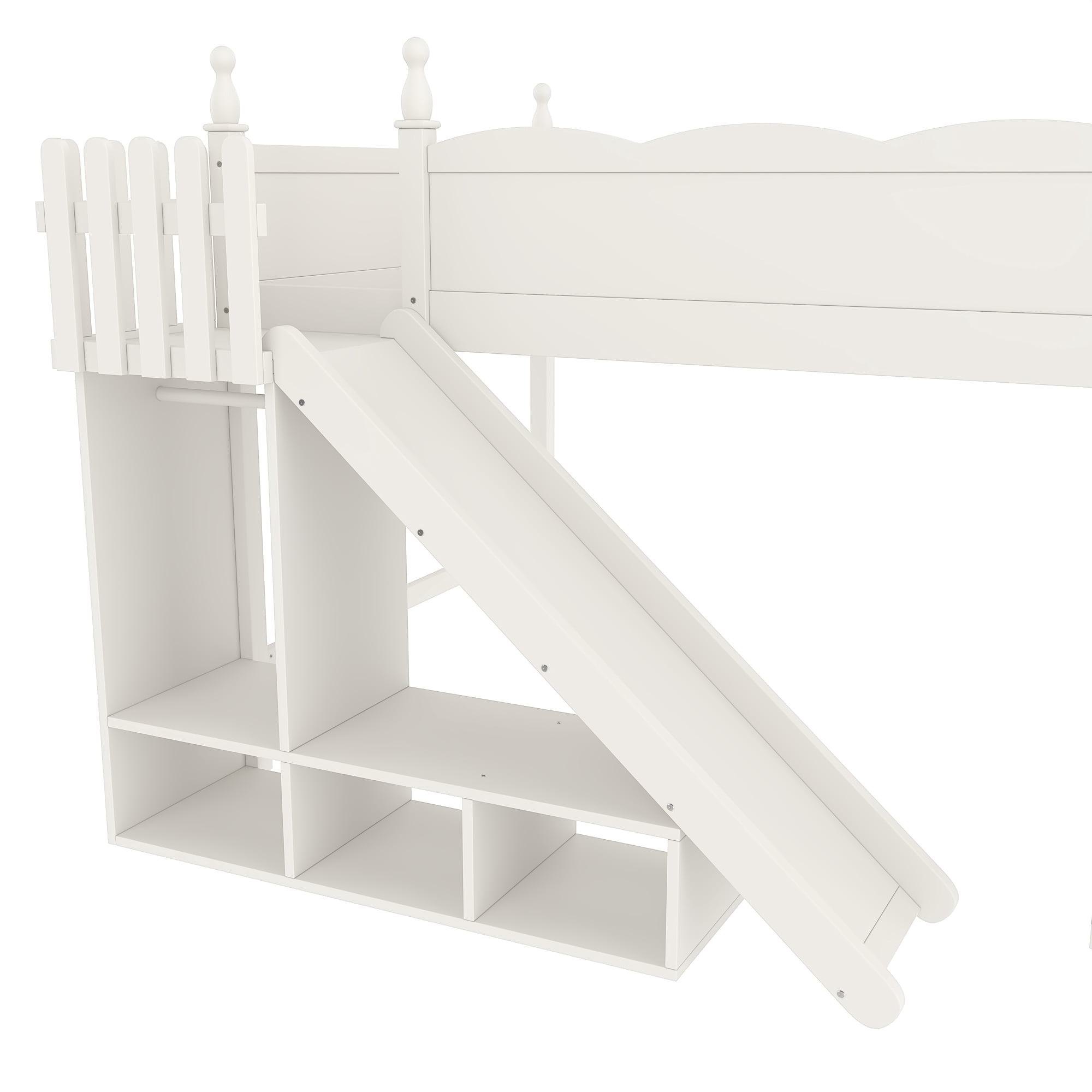 Leumius Queen Loft Bed Frame with Storage Shelves and Wardrobe, Solid Wood Loft Bed with Detachable Slide and Ladders for Kids Teens Adults Beige