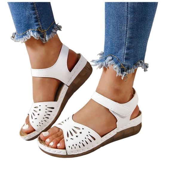 Orthopedic Sandals for Women Retro Hollow out Low Wedge Slingback Beach Shoes Hook and Loop Summer Walking Shoes White Size 8.5