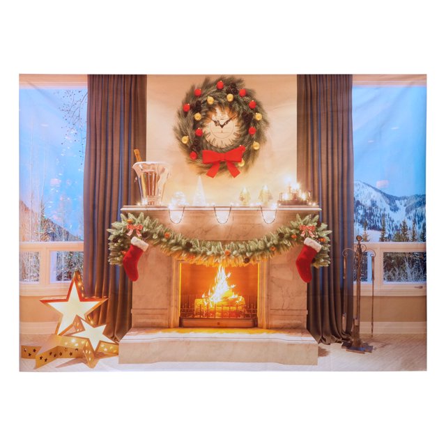 Christmas Backdrop Window and Fireplace Family Portrait Photo Booth Backdrop
