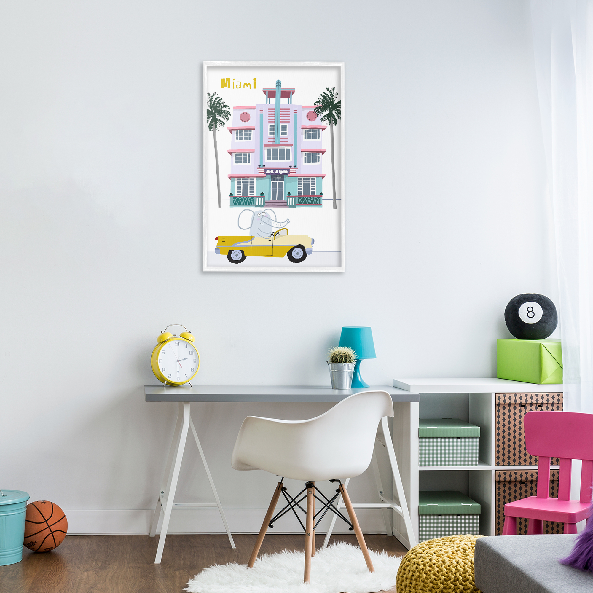 Elephant & Miami Hotel White Framed Giclee Art, design by Carla Daly