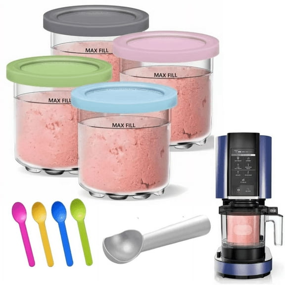 4 Pack Ice Cream Pints and Lids Compatible with Ninja NC300,NC301& NC299AMZ Series,Comes with 4 Spoons and 1 Digging Spoon