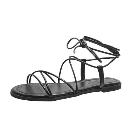 

Sandals Women Dressy Summer Flat Fashionable Leather Thin Strap Ankle Strap Sandal Black 37