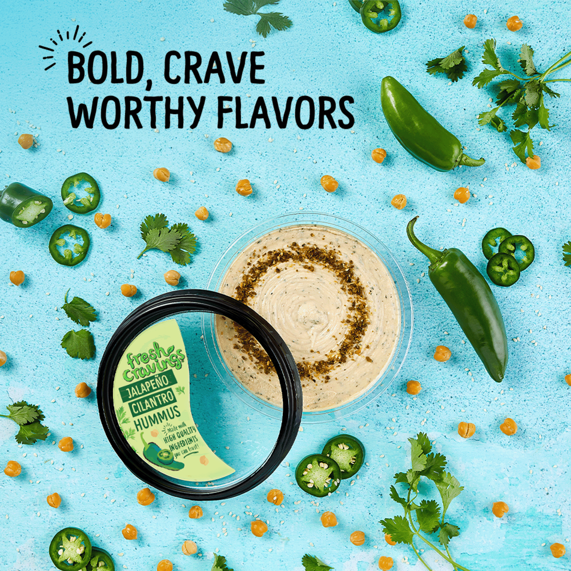 Fresh Cravings Jalapeno Cilantro Hummus,10oz. Plastic Tub, Gluten-Free, Dairy-Free, 2 Tbsp (32g), Contains: Sesame