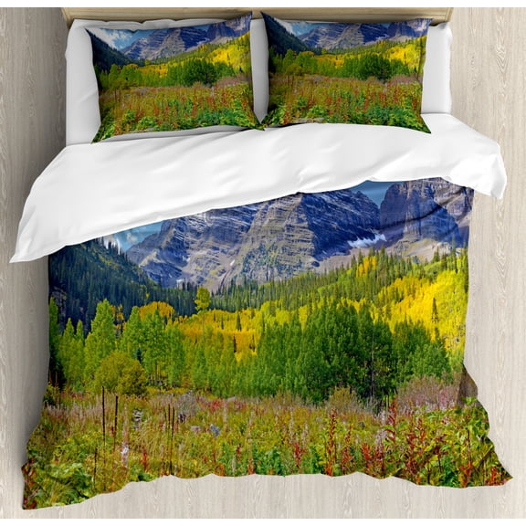 Mountains Duvet Cover Set King Size, Natural Landscape with Fall Foliage with Aspen Trees Maroon Bells and Snowy Hills, Decorative 3 Piece Bedding Set with 2 Pillow Shams, Multicolor, by Ambesonne