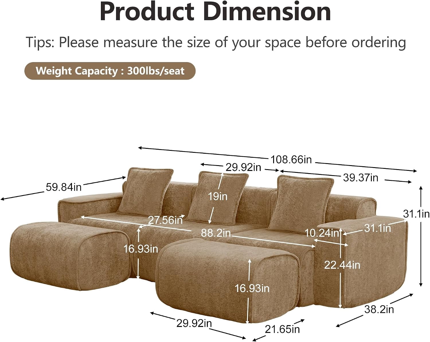 109" 3-Seat Modular U-Shaped Sectional Sofa, Brown Velvet with 2 Movable Ottomans & Throw Pillows, No Assembly Required