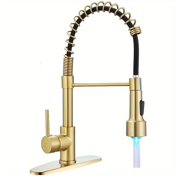 Single Hole High-Arc Swing Spout Kitchen Faucet with Sprayer - Brushed Golden Brass Sink Faucet Suitable for Bar/Sink RV, Water-Saving Valve, Installation ( Compatible)