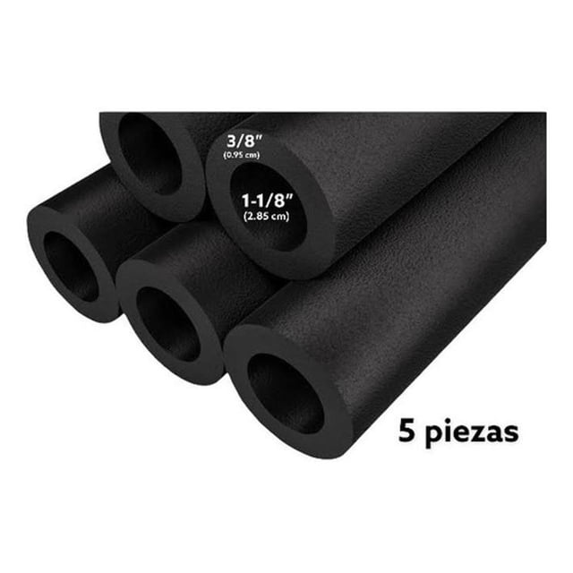 armaflex aislante térmico para tubería 1 1/8 x 3/8 5 piezas Vista de cinco tramos negros de espuma elastomérica Cluxer Flex, cada tramo de 1.83 m con diámetro interior 1-1/8" (2.85 cm) y 3/8" (0.95 cm) para aislar tubería de cobre, aluminio, hierro o PVC en fontanería caliente y fría; temperatura máxima 110 °C. También suele usarse para envolver válvulas y juntas pequeñas.