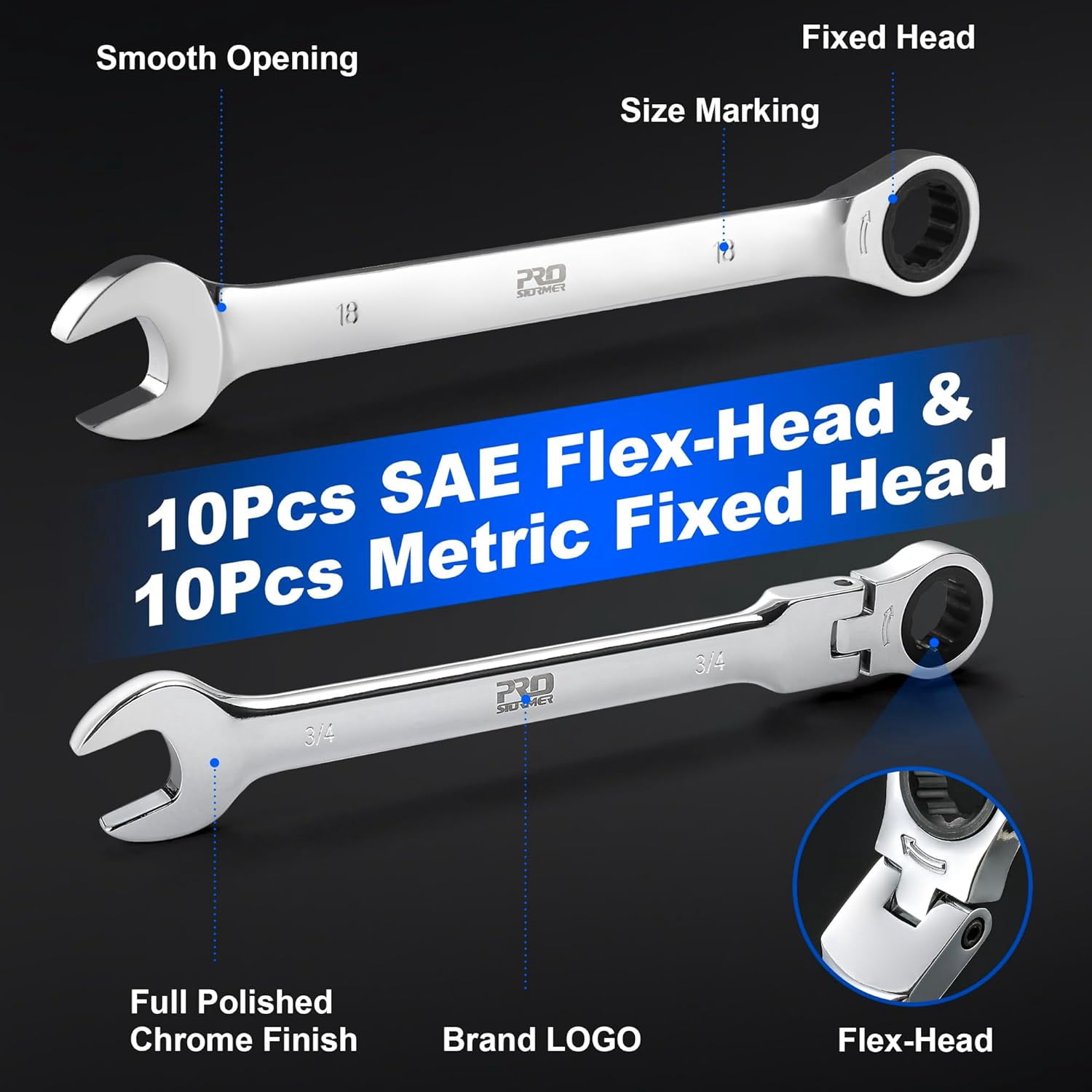 Ratcheting Combination Wrench Set, 20-Piece SAE & Metric Wrench Kit with Pouch, 72-Tooth, Cr-V Steel, 10Pcs Flex-Head 1/4" to 3/4" & 10Pcs Fixed Head 6-18mm