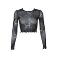 thumbnail image 1 of Femmes Sexy Chemisier en Maille Transparente, Imprimé Mode Voir à Travers Col Rond à Manches Longues Crop Tops, 1 of 2