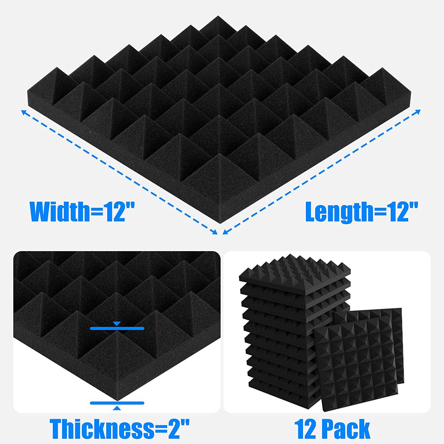 12Pcs Soundproof Foam Panels,2 Inch x 12 Inch x 12 Inch Pyramid Shaped Acoustic Panels for Wall,Studio, Home and Office