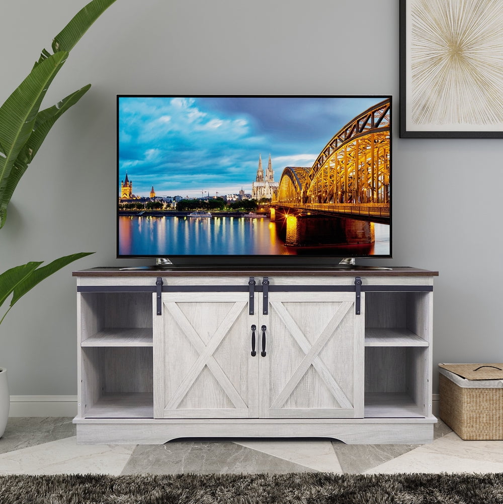 Farmhouse TV Stand for TVs Up to 65 Inch with Sliding Barn Doors and Adjustable Shelves, Sargent Oak/Dark Walnut