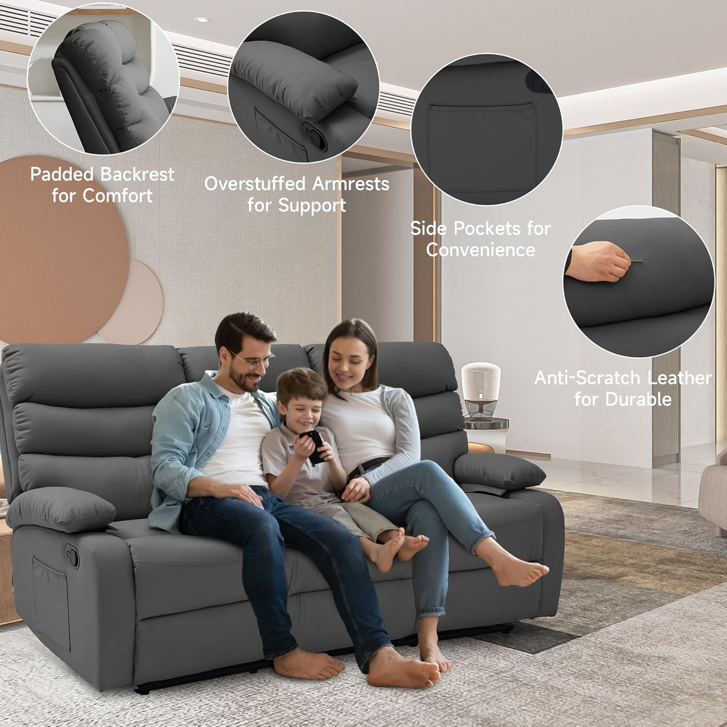 Chizzysit Loveseat Recliner Sofa Set, Small Leather Couch 3-Seater Manual Seater Recliner, Triple Recliner Chair for Living Room, RV, Home Theater Seating - Drak Gray