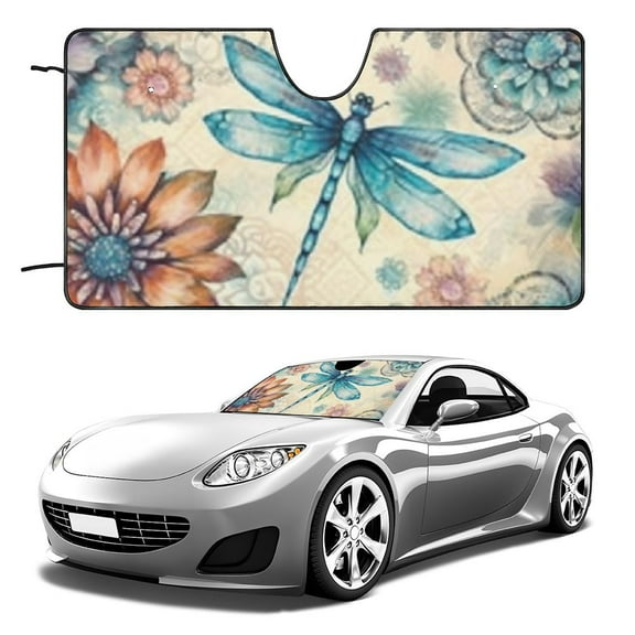 PHYHOO Dragonfly Blossoms Print Car Windshield Sun Shade for Front Window Foldable Universal Auto Sunshade Fit for Most SUVs,Sedan,Truck or Van 51x28in