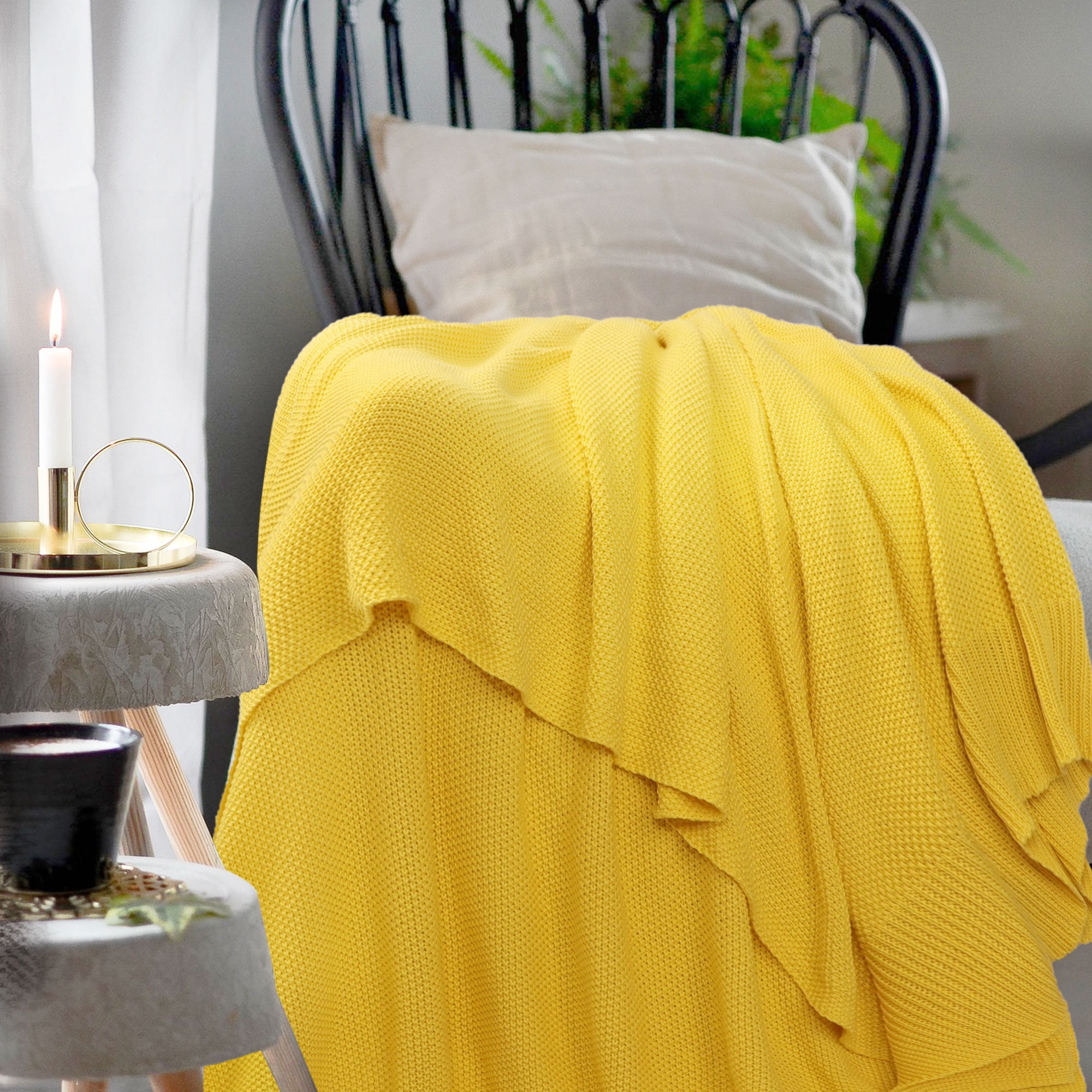 Unique Bargains Pure Cotton Soft Cable Knit Throw Blanket Yellow 51" x 59"