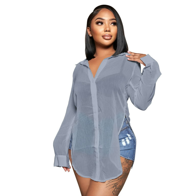 JDEFEG Womens Workout Shirts Womens Casual Blouses Long Sleeve Shirts See  Through Lapel Open Chiffon Beach Cover Up Button Short Sleeve for Women  Grey M 