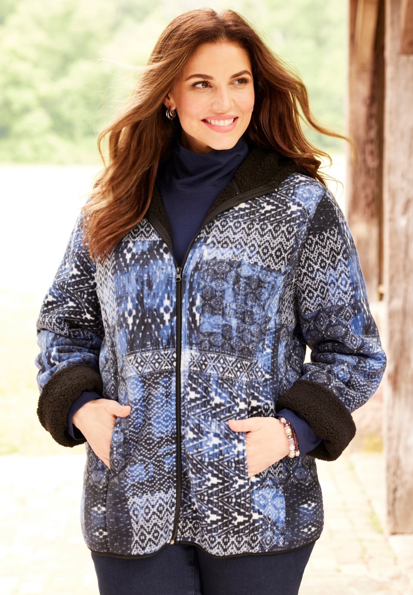Women's Plus Size Printed Fleece Coat With Sherpa Lining - image 5