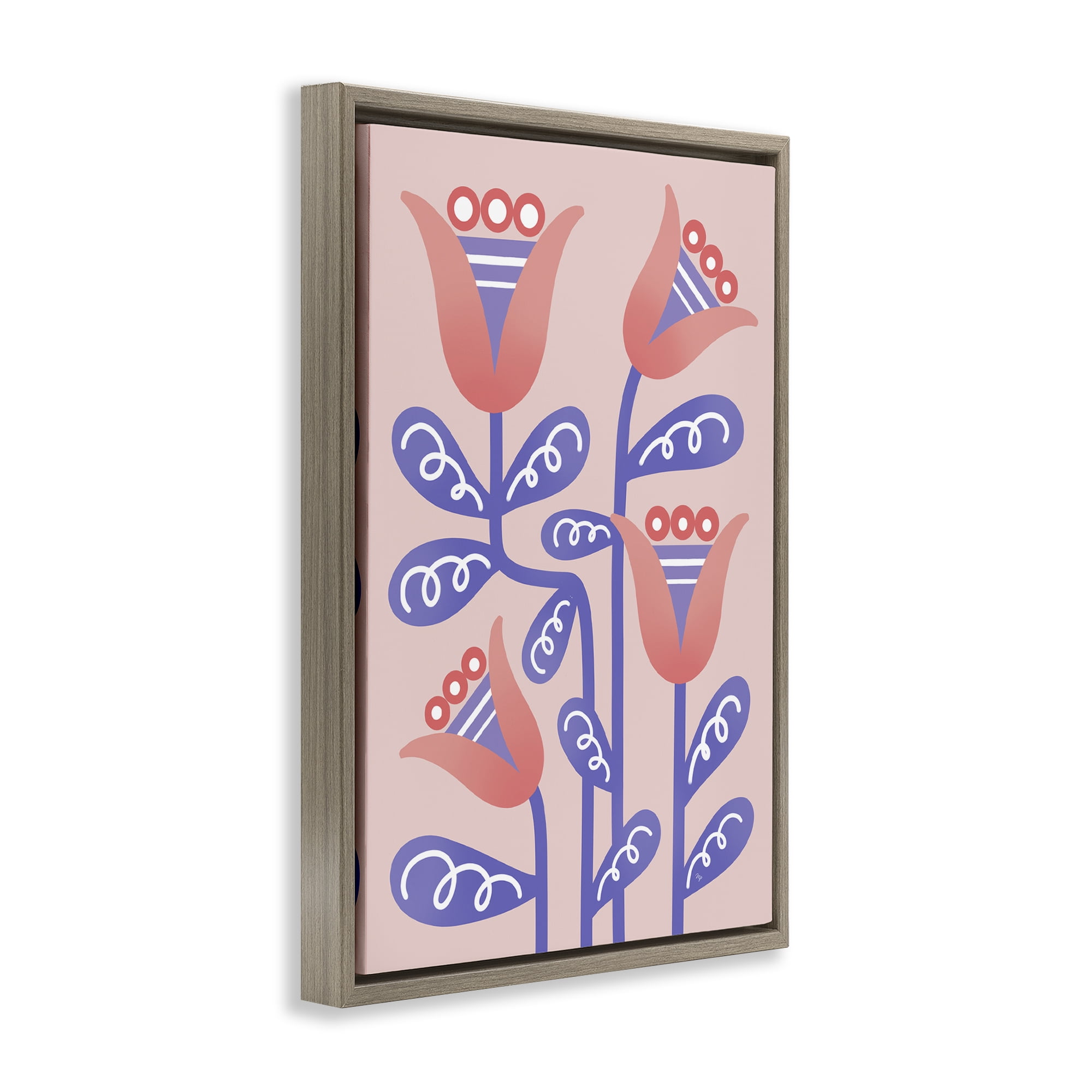 Stupell Industries Tulip Flowers Pink Deco Floral & Botanical Painting Brown Floater Framed Canvas Art Print Wall Art, 17 x 25