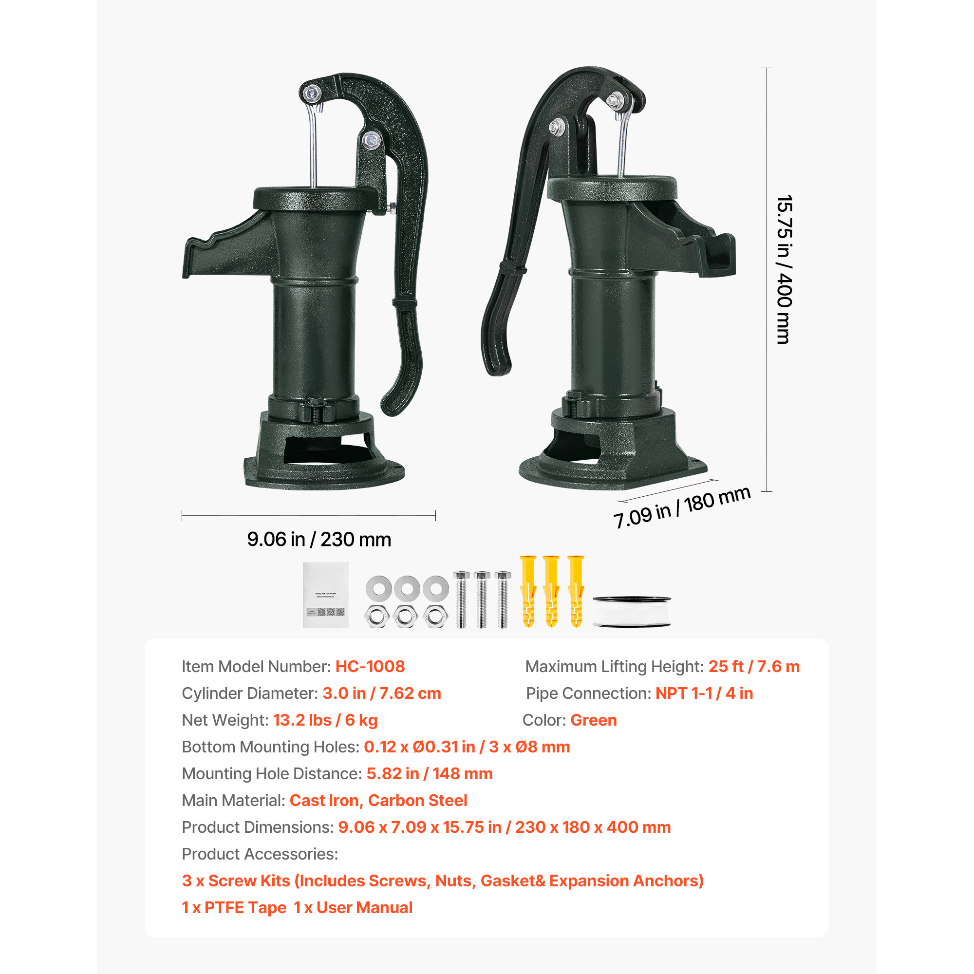 KFFKFF Antique Cast Iron Hand Well Pump, 25 ft Max Lift, Antique Pitcher Pump with 1-1/4 in NPT Connection, Manual Water Pump for  Gardens, Ponds, Backyards, and Farms, Green