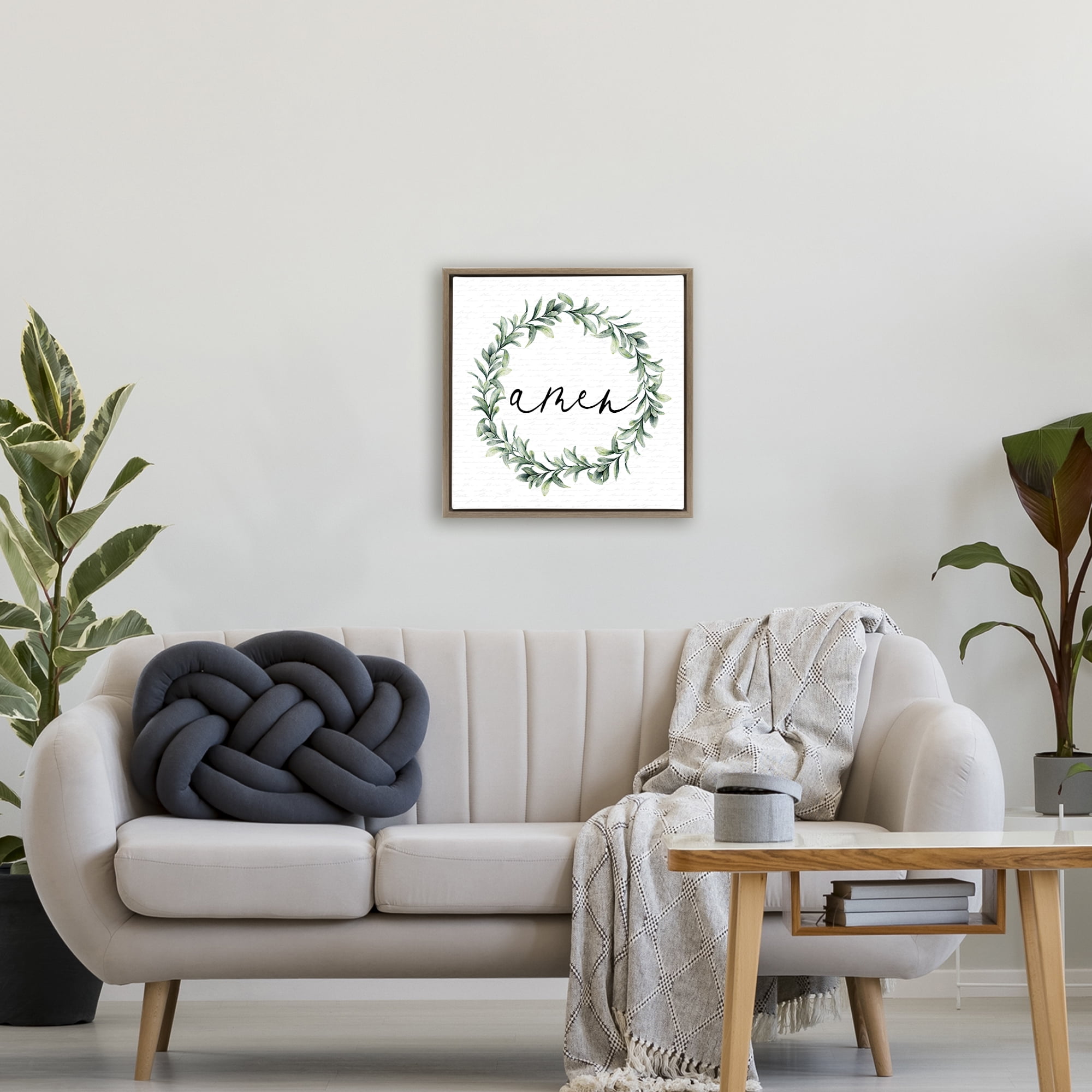 Amen Botanical Wreath & Script Brown Framed Floater Canvas Wall Art, design by Lettered and Lined
