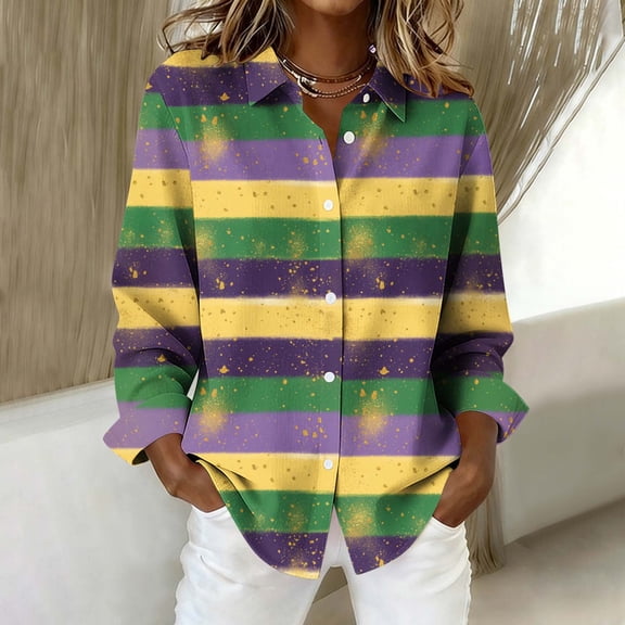 Uootdi Mardi Gras Outfit for Women Carnival Print Collared Button Long Sleeve Shirts Lightweight Festive Carnival Parade Wear Outfits Gift