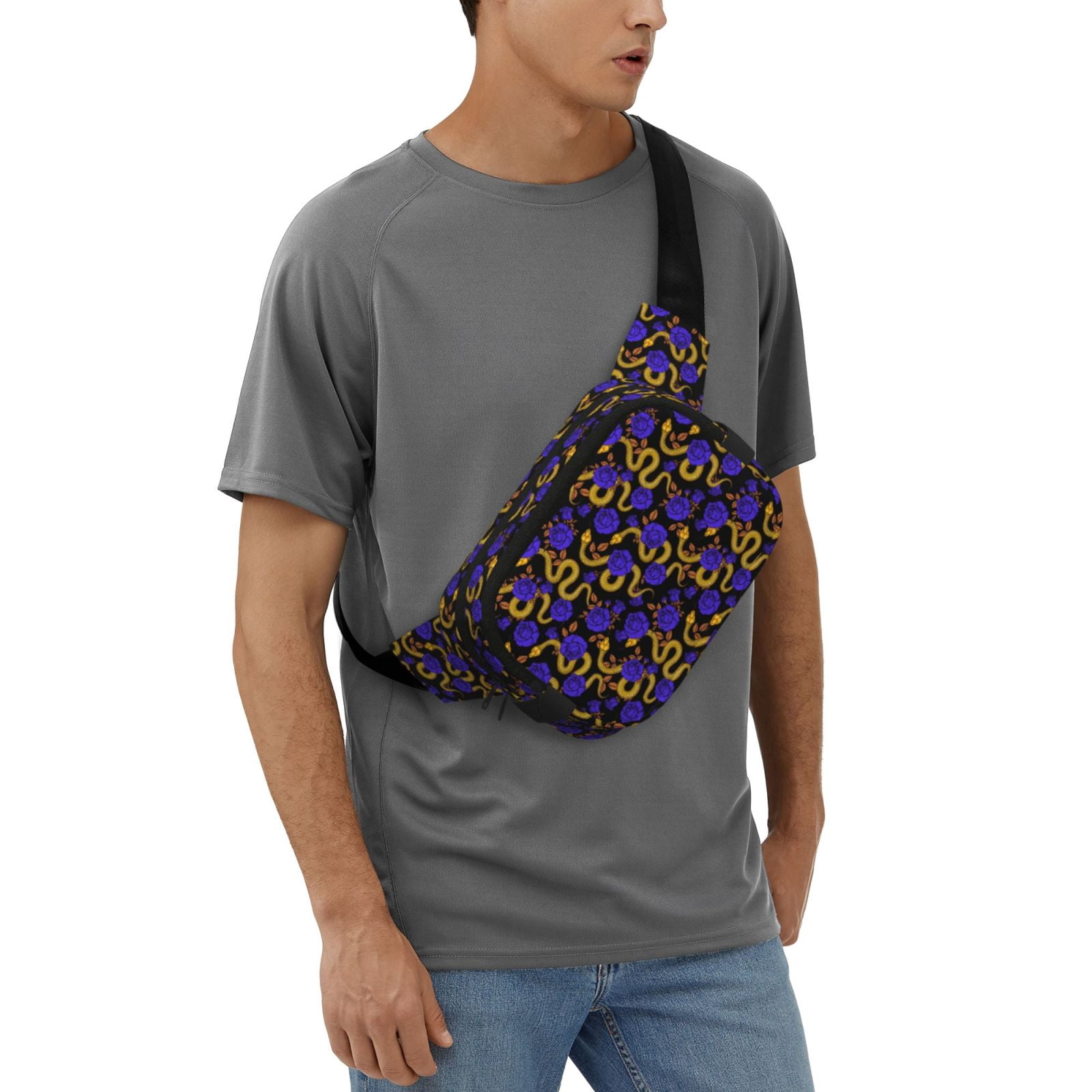 Fuzoiu Golden Snake And Purple Rose Print Unisex Square Double Layer Waist Bag,Crossbody Fanny Pack Travel Workout Accessory