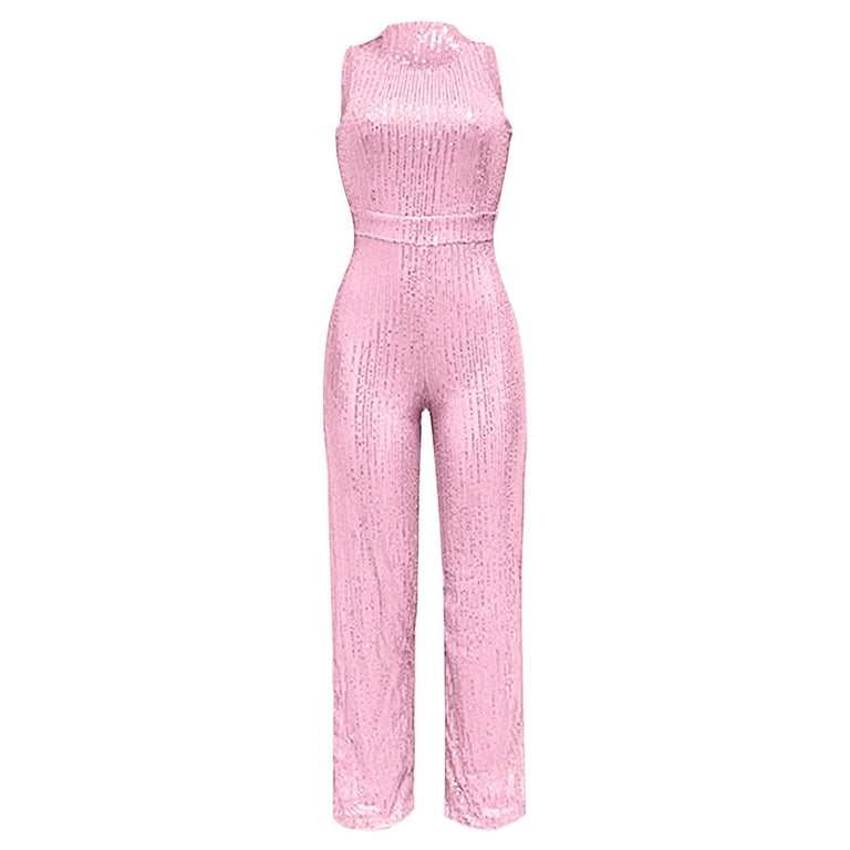 Fashion Jumpsuit for Women Sequin Sparkly Crewneck High Waist