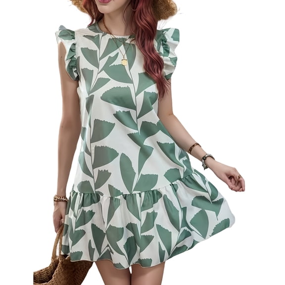 joyinspring  New Fashion Women's Round Neck Ruffle Leaf Print Short Sleeve Casual Print Loose Dress  Spring/Summer