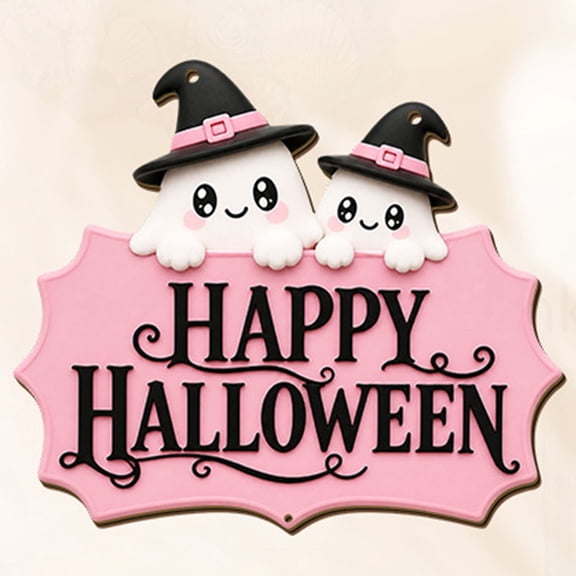 HHJZPR Pink Cute Ghost Witch Hat Happy Halloween Door Hanging Sign, 7.87×6.69in Wooden Front Door Welcome Plaque with Bell Chain, Pastel Fall Porch Wall Decor