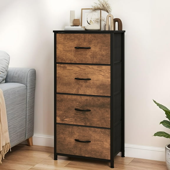 ModFusion 4-Drawer Fabric Dresser with Wooden Top, Bedroom Storage Organizer, Black & Rustic Brown