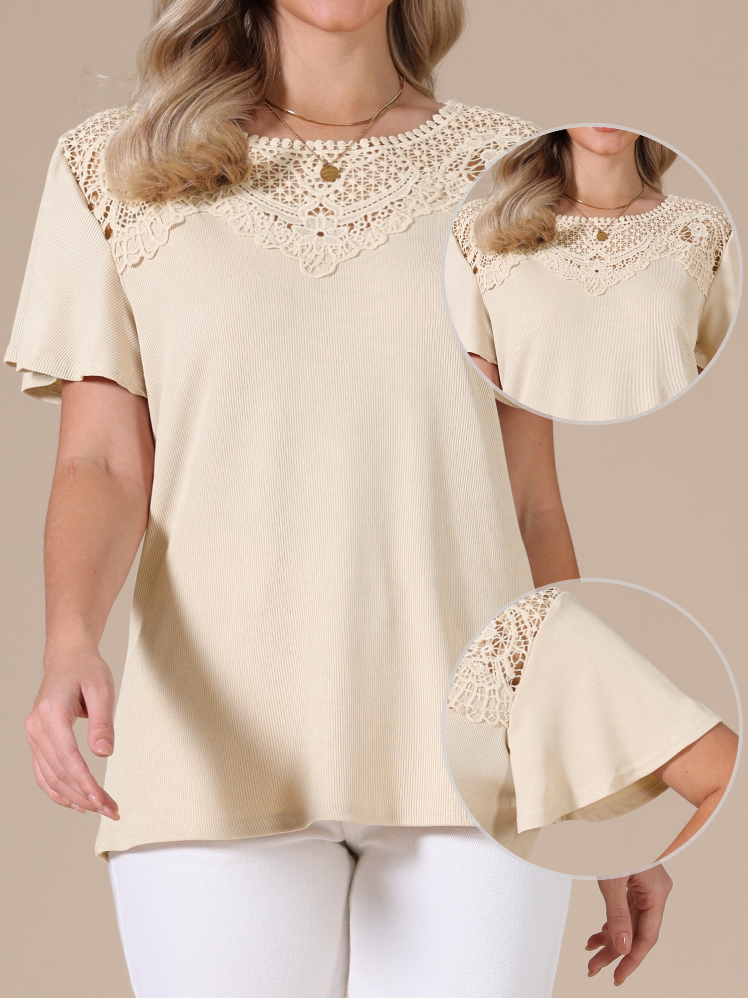 DARING DIVA Women's Short Sleeve Shirts V Neck Dressy Casual Tunic Tops M Apricot