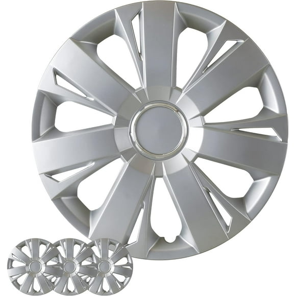 Wheel Cover Kit, 15 Inch Hubcaps Set of 4 Automotive Hub Caps with Universal Snap-On Retention Rings, 1-Tone ABS Plastic Silver Rim Covers for All Makes, Models (SG-5077-B-15)