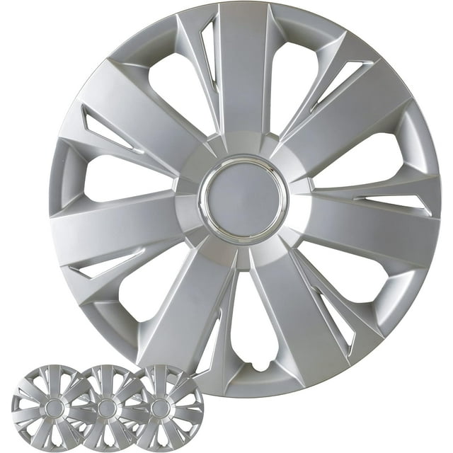 Wheel Cover Kit, 14 Inch Hubcaps Set of 4 Automotive Hub Caps with Universal Snap-On Retention Rings, 1-Tone ABS Plastic Silver Rim Covers for All Makes, Models (SG-5077-B-14)