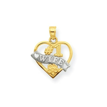10K Yellow Gold & Rhodium #1 Wife Heart Charm (0.8in long x 0.6in wide)