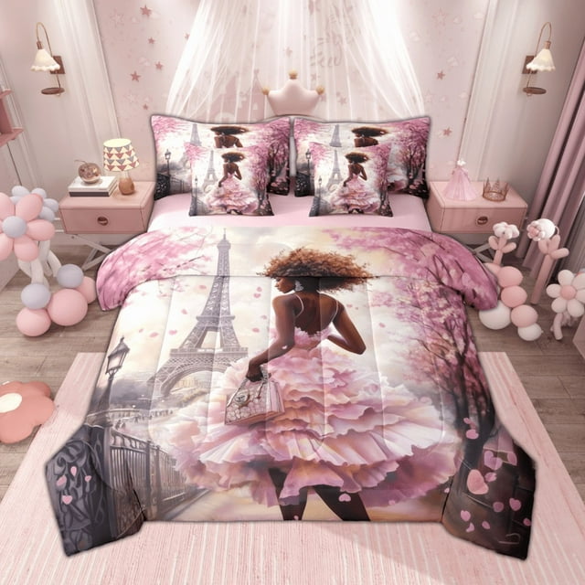 Manfei Ensembles de Literie Simple Mode Moderne pour Fille, Ensemble de Couette de Literie Fleurs de Cerisier Roses, Ensembles de Draps Tour Eiffel Vintage, Décor Maison Ultra Doux Réversible 7 Pcs