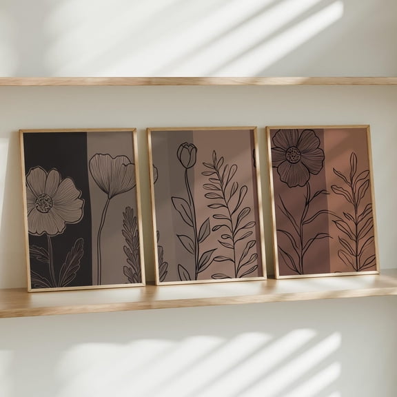 UNFFRAMED Boho Abstract Wall Art Set, Mid Century Modern Botanical Line Art, Terracotta Geometric Set 3 Prints 8x12