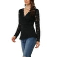 thumbnail image 4 of INSPIRE CHIC Lace Tops for Women's Casual Deep V Neck Long Sleeve Floral Wrap Peplum Top Blouse XS Black, 4 of 5