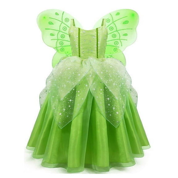 KAWELL Princess Tiana Dress Party Costume for Little Girls Fancy Christmas/Halloween Child Role Play Green Fairy Skirt with Wings ,3/4t