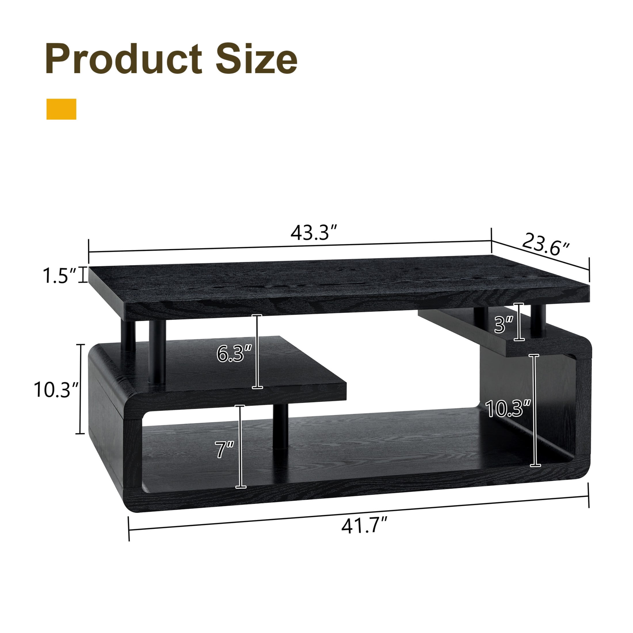 Alvantor 3-Tier Black Coffee Table with Modern Storage for Living Room 43.5 x 23.5 x 18.5in