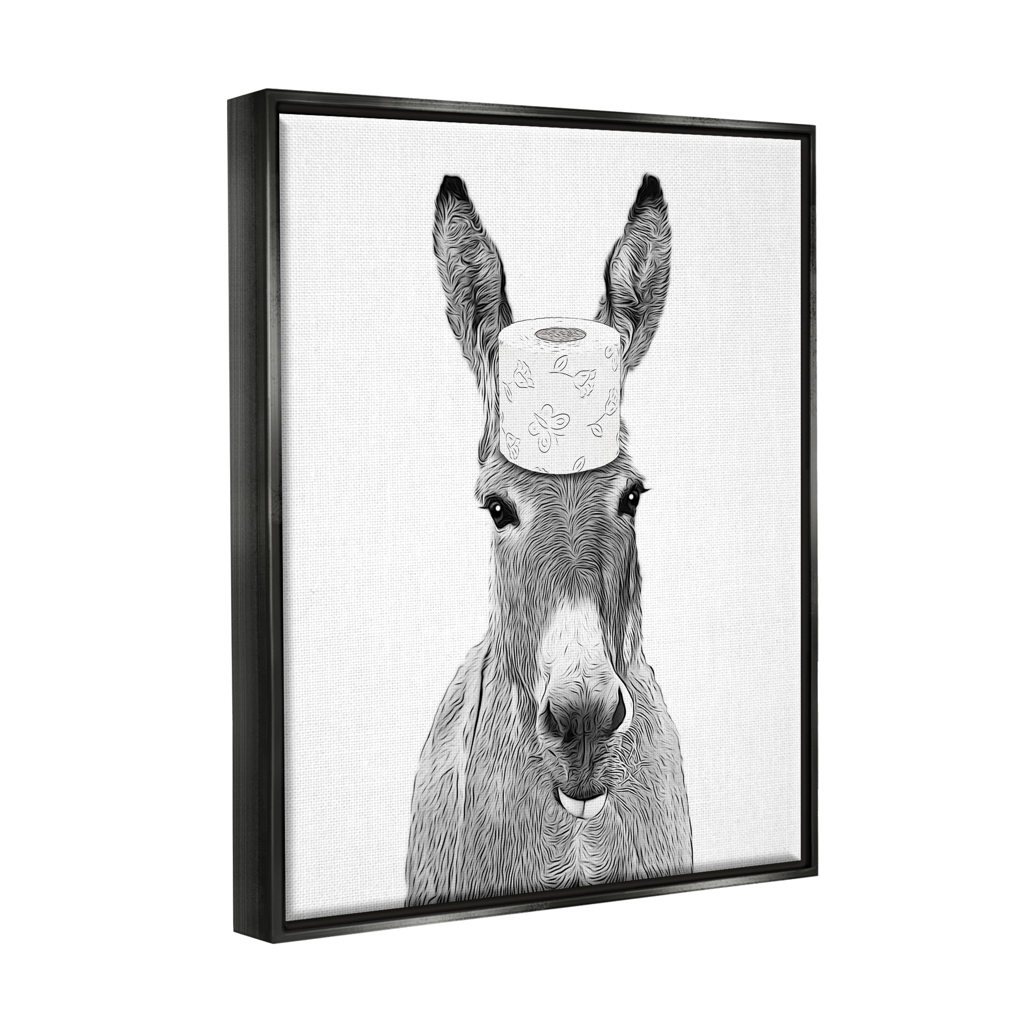 Stupell Industries Donkey Toilet Paper Funny Bathroom Animals & Insects Painting Black Floater Framed Art Print Wall Art