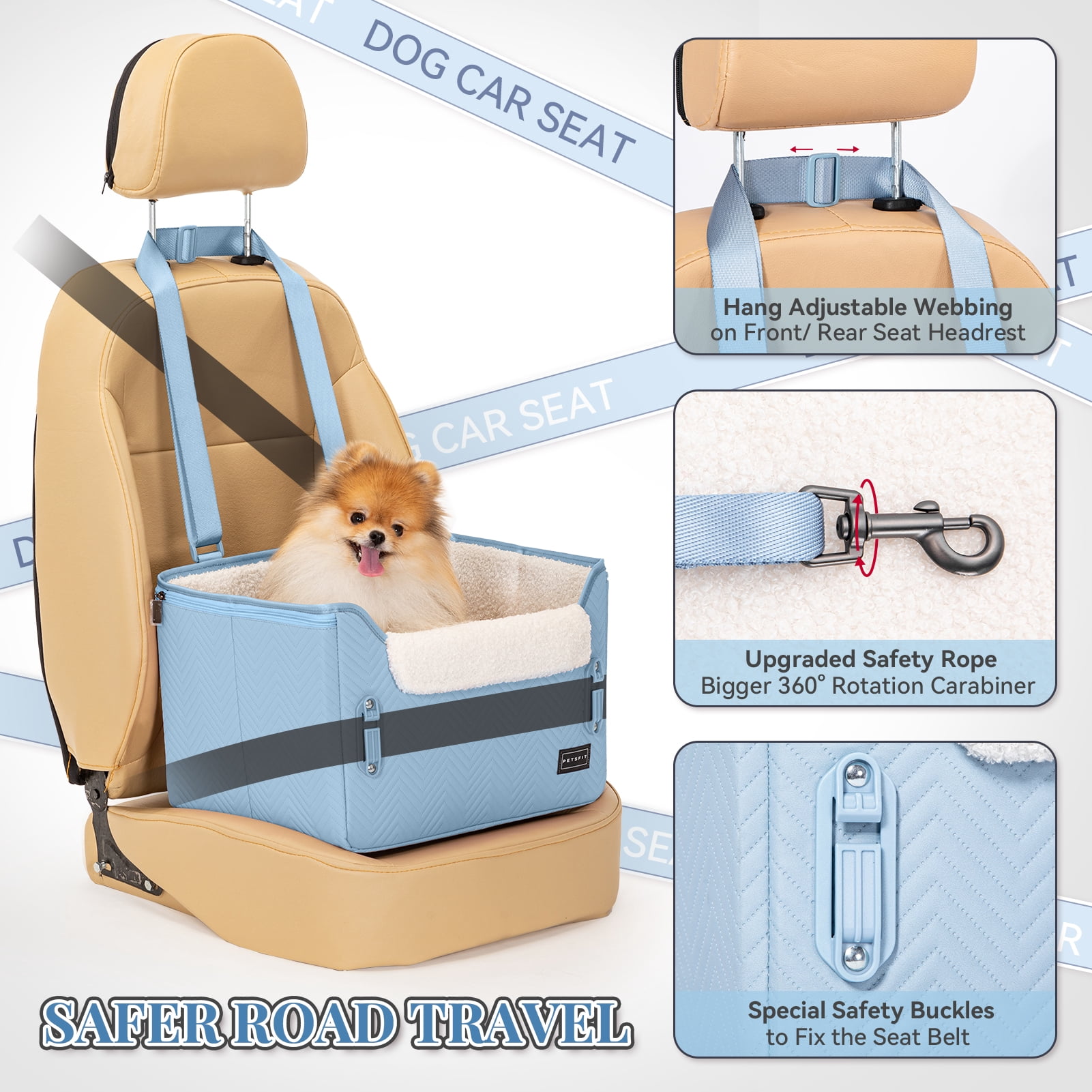 PETSFIT Dog Car Seat Medium Sized Dog, Stable Small Dog Car Seat for Car with Clip-On Leash, Fleece Liner Perfect for Small Pets Up to 25lbs (Blue)