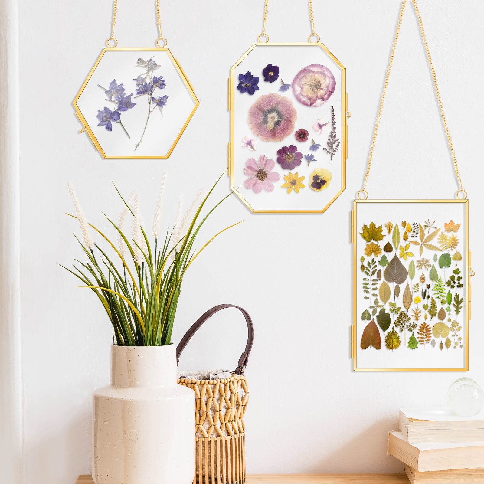 3Pcs Pressed Flower Frames with Tweezers Hanging Glass Picture Frames with Metal Chain Gold Double Glass Frame Elegant Hanging Picture Frames for Artwork Display