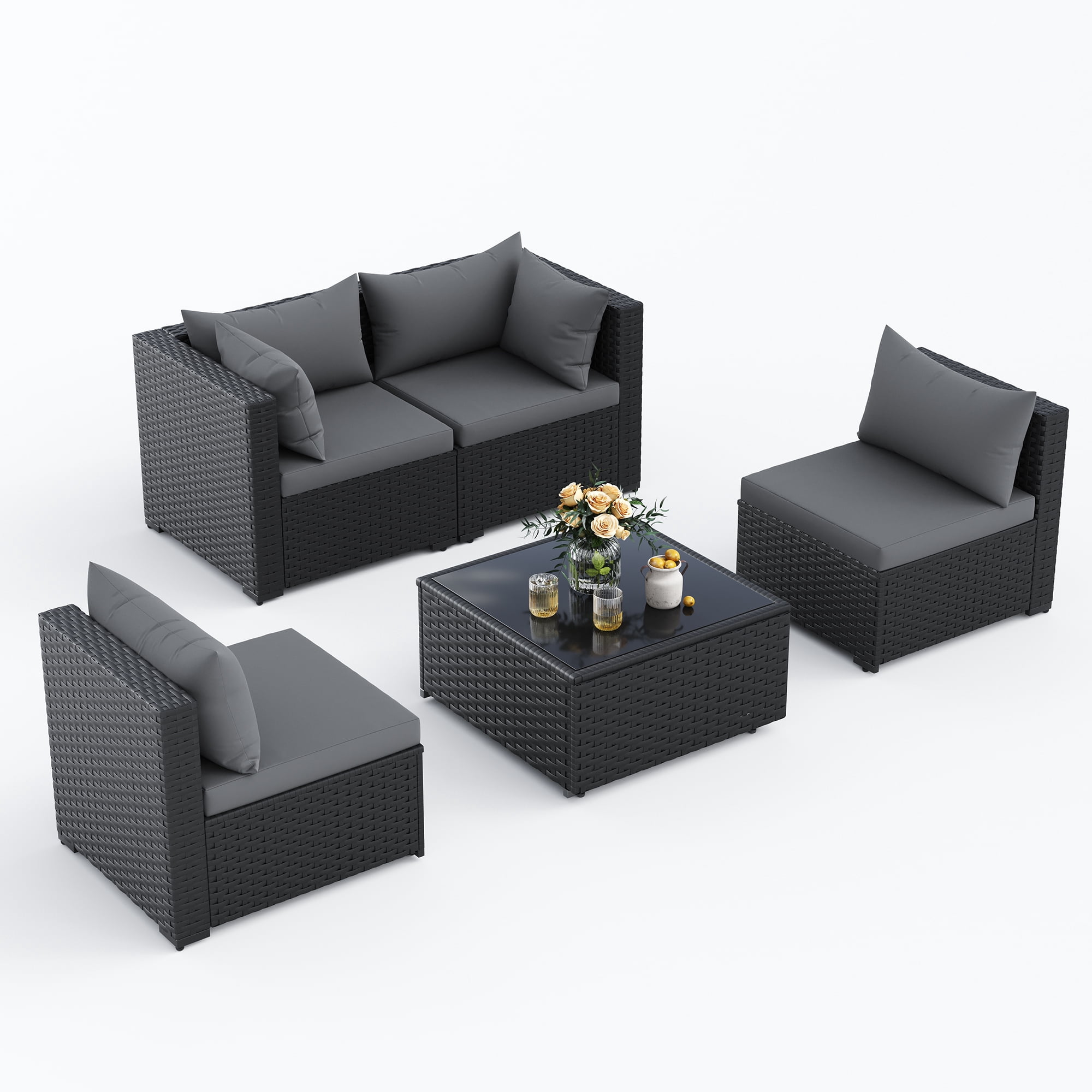 POTEBAN 5 Pieces Patio Conversation Set, Outdoor Black PE Wicker Sectional Sofa for Backyard Garden, Grey